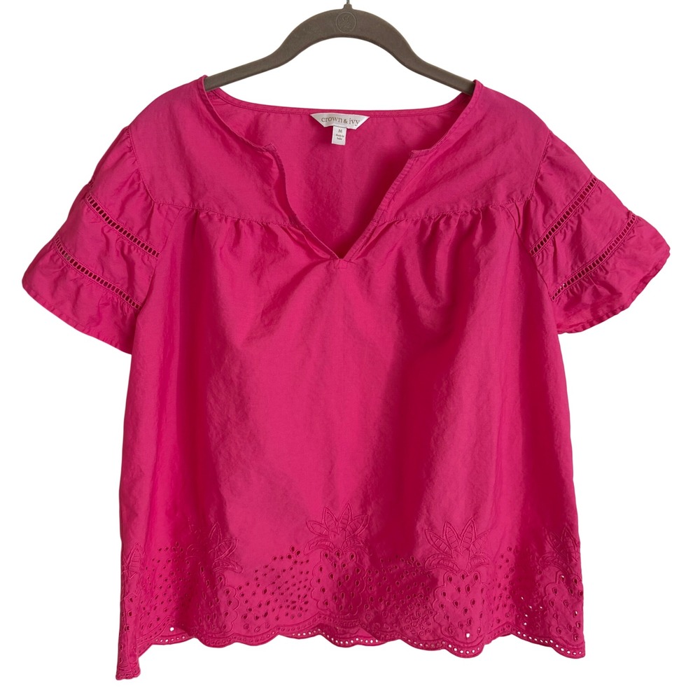 Crown & Ivy Pink Pineapple Eyelet Embroidery‎ Cotton Blouse Split Neck Medium